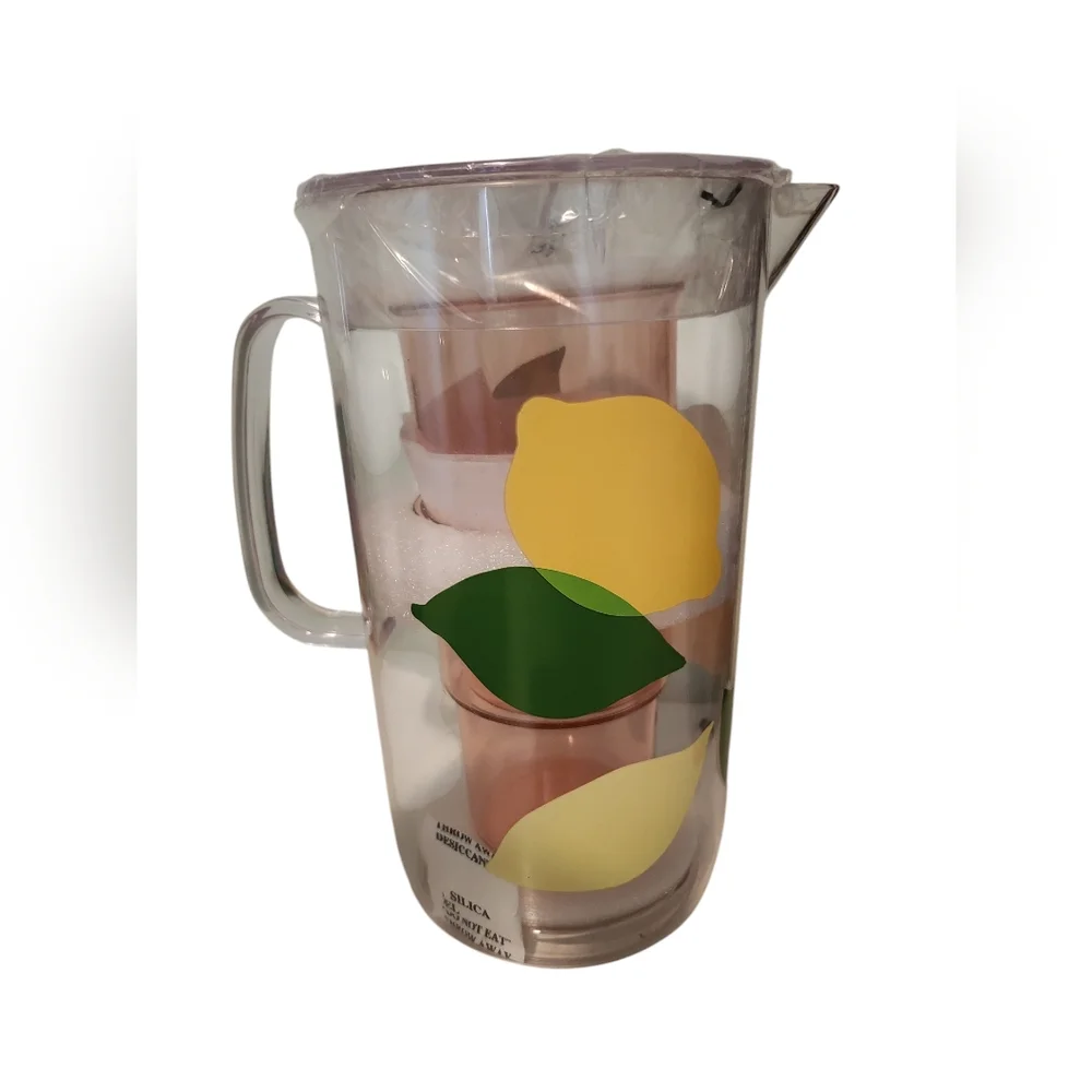 Kate Spade New York Lemon 1/2 Gallon Plastic Clear Pitcher With 2 Pink Cups - Picture 4 of 11